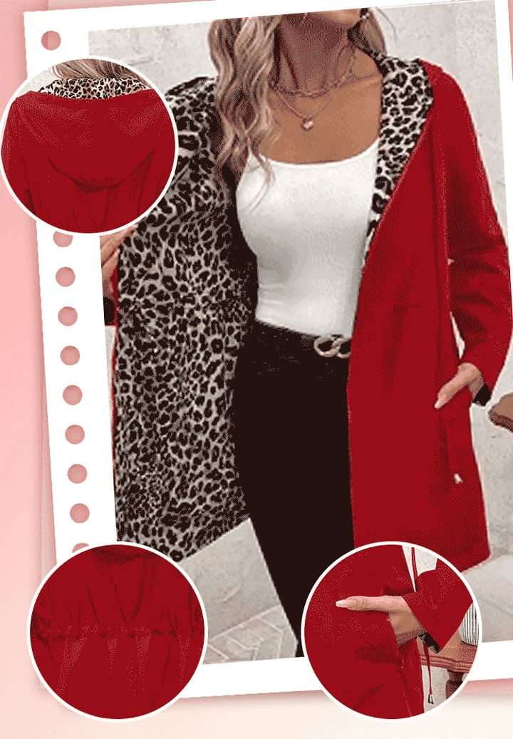 Vendbar frakke med hætte og leopardprint
