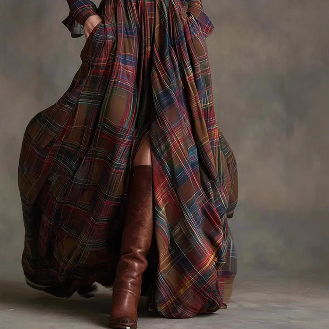 Elizabeth | Plaid-maxi-kjole med bælte